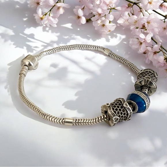 925 Sterling Silver  European Charm Bracelet With Charms & Labradorite Gemstone - Picture 1 of 3